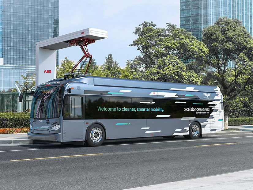A new bill would advance the Massachusetts Bay Transportation Authority's plan to replace its bus fleet with battery-electric buses by 2040, which will include some New Flyer Xcelsior Charge buses like the one seen here.