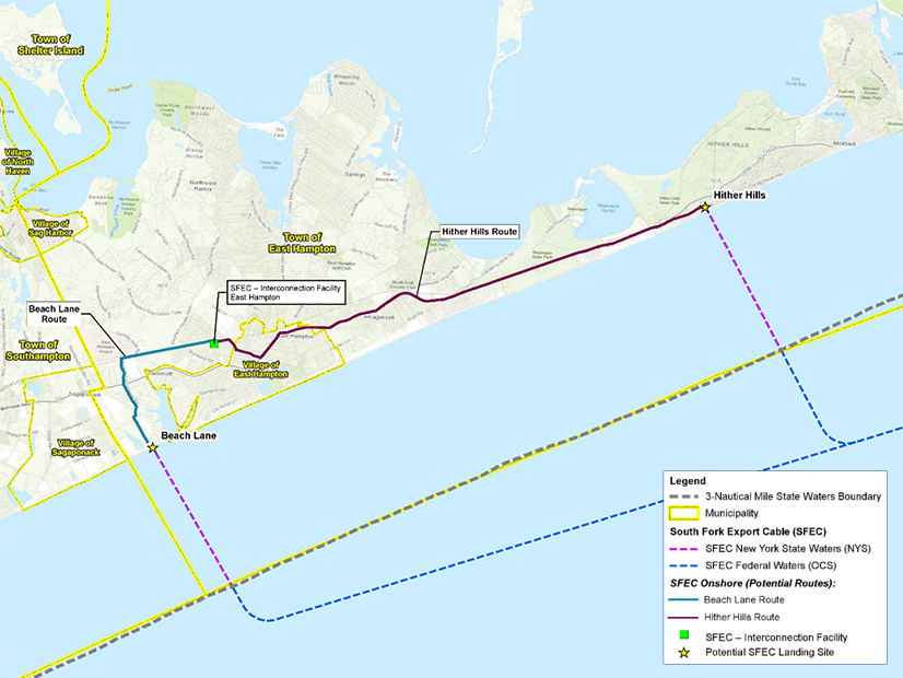 This map shows the landfall locations of the South Fork Offshore Wind Project export cables with points of interconnection.