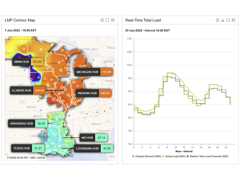 MISO real-time pricing and actual and forecasted load Jan. 7