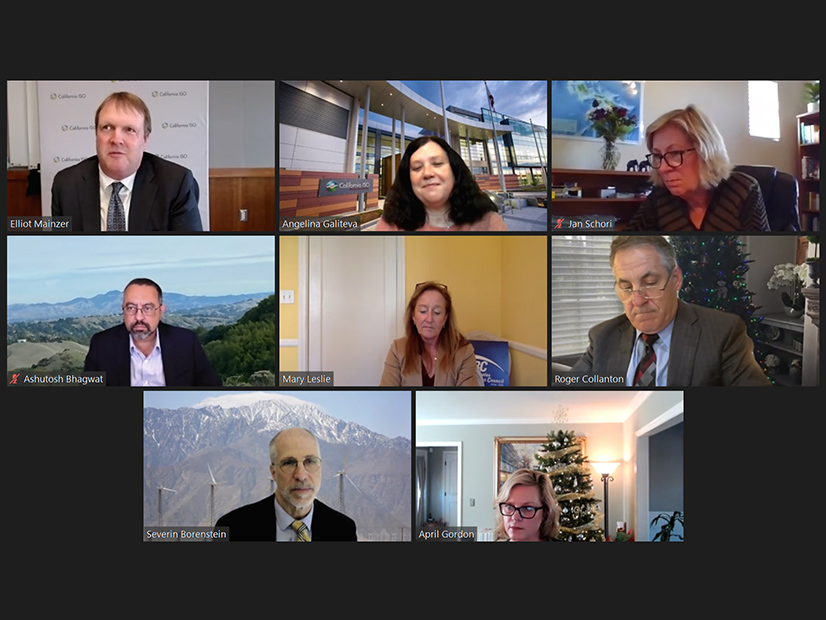 At Friday's CAISO Board of Governors meeting, clockwise from top left, CEO Elliot Mainzer; former Chair Angelina Galiteva; Governor Jan Schori, General Counsel Roger Collanton; Director of Financial Planning and Procurement April Gordon; Governor Severin Borenstein; new Chair Ashutosh Bhagwat; and Vice Chair Mary Leslie <span style="color: rgb(65, 65, 65); letter-spacing: normal; orphans: 2; text-align: left; white-space: normal; widows: 2; word-spacing: 0px; display: inline !important; float: none;">(center).</span>