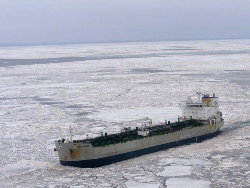 A tanker pushes through ice, outbound from Charlottetown, Prince Edward Island.