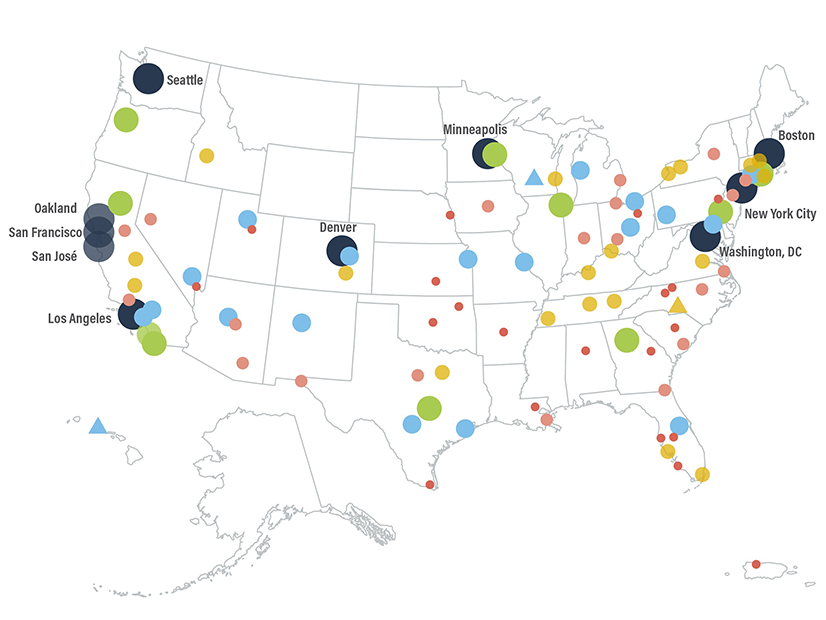 California dominated the list of top 10 cities on ACEEE's 2021 City Clean Energy Scorecard, with San Francisco at No. 1, and Los Angeles, San Jose and Oakland, taking the No. 8, 9 and 10 spots.