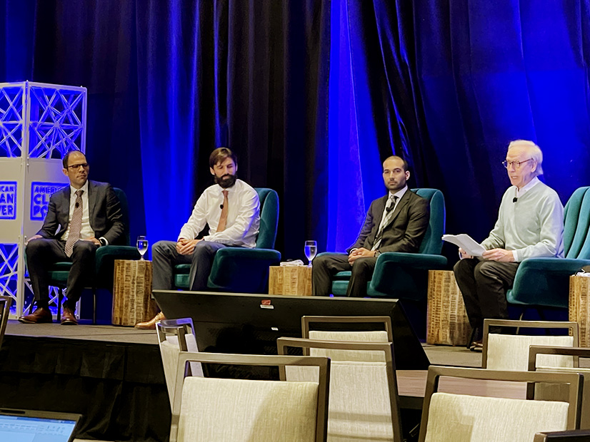 Offshore wind developers speak about financing during a panel at the American Clean Power Association's Offshore WINDPOWER 2021 conference in Boston last week. From left, Justin Johns, Mayflower Wind; Joris Veldhoven, Atlantic Shores; <span style="color: rgb(0, 0, 0); letter-spacing: normal; orphans: 2; text-align: start; white-space: normal; widows: 2; word-spacing: 0px; display: inline !important; float: none;">Álvaro Ortega Sebastián</span>, Vineyard Wind; and Keith Martin, Norton Rose Fulbright.