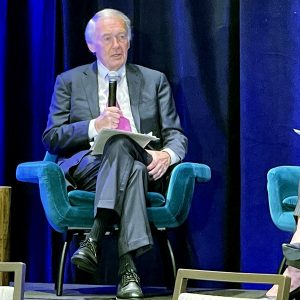 U.S. Sen. Ed Markey (D-Mass.), left during an interview with Vestas' Laura Beane at the  American Clean Power Association's Offshore WINDPOWER 2021 conference in Boston last week