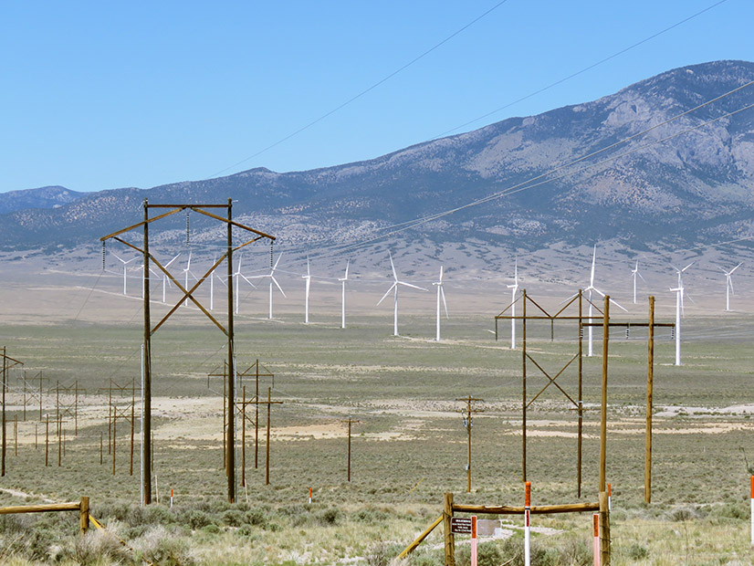 A wind farm and power lines in Eastern Nevada