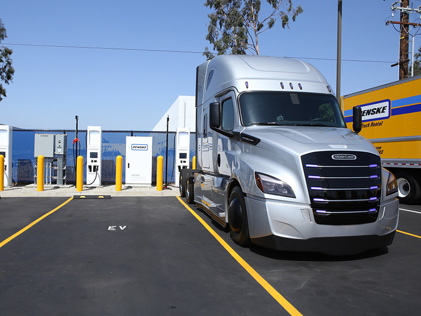 An electric big rig charges in Southern California.