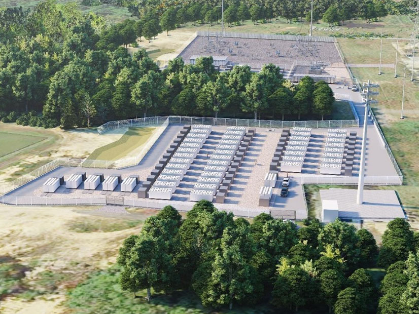 Rendering of the proposed project site for the Cranberry Point Energy Storage battery project in Carver, Mass., next to one of Eversource Energy's existing substations