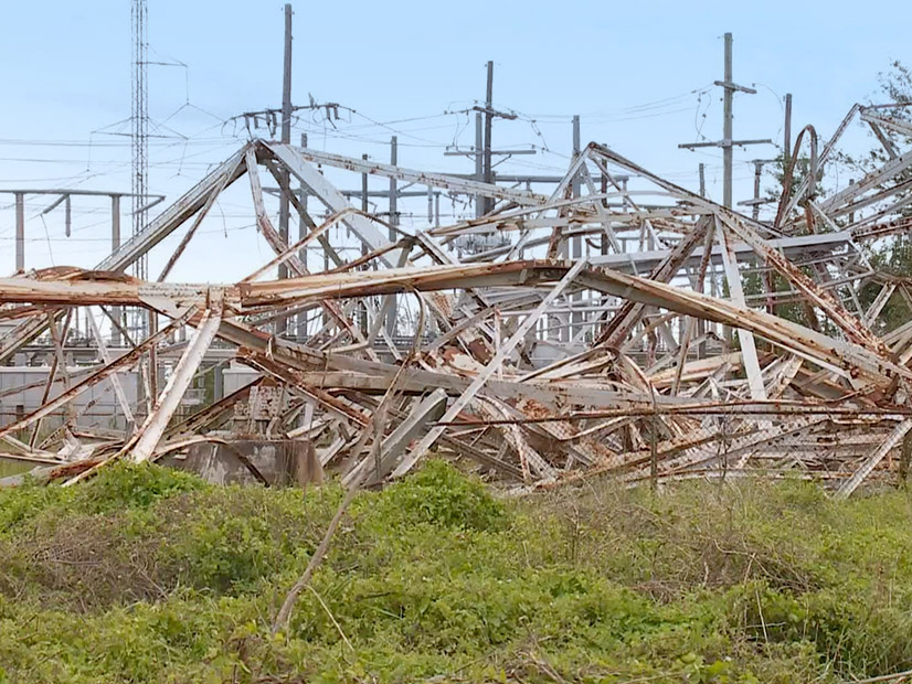 Hurricane Ida toppled an Entergy transmission tower in Avondale, La., sending power lines into the nearby Mississippi River. | WWL-TV.Entergy's fallen transmission tower shows considerable rust.