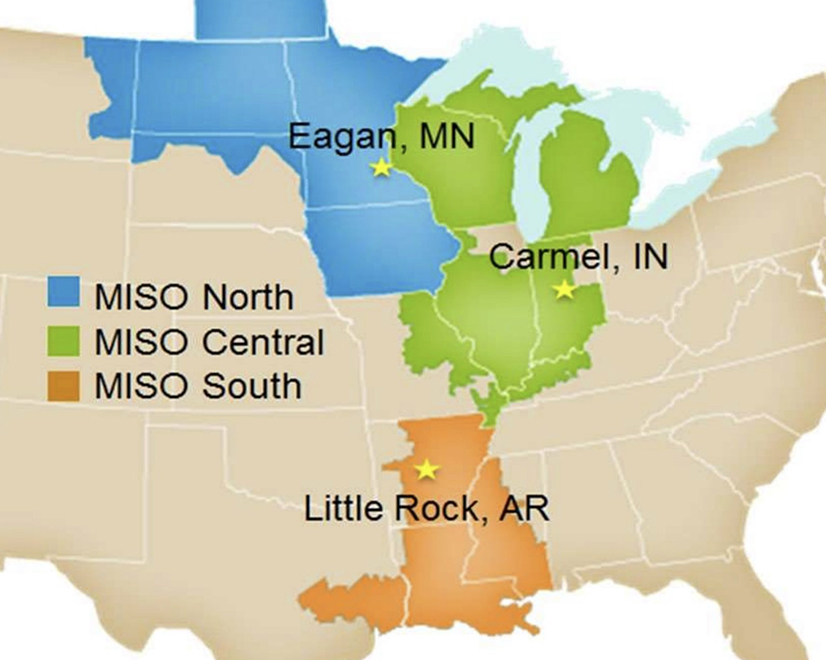 MISO Midwest comprises the North and Central regions with a constrained link to and from MISO South.