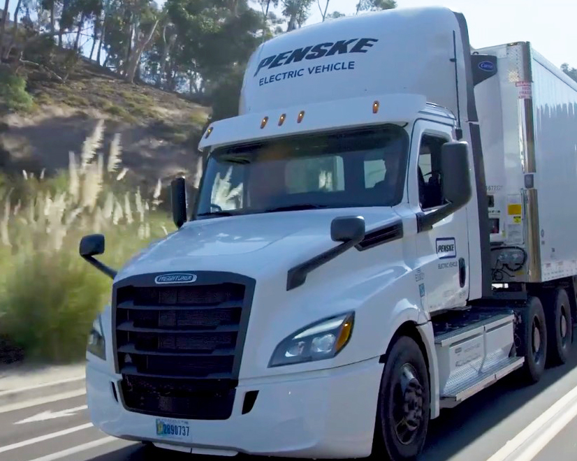 Penske Logistics has been testing a Freightliner eCascadia 100 percent battery electric truck to make freight runs on I-15 in California. "This is the way of the future," said 10-year veteran Penske Driver Donald Disesa, who regularly drives the big rig.  "The truck is so quiet. Everything is so smooth. It gives you time to focus on what is going on around you." Freightliner brought Peneske into the development of the truck early for feedback that helped with the design. The truck will come with a choice of two motors, 360 to 525 horsepower, be powered by a 475 kilowatt-hour battery and of 250 miles. The battery can be charged to 80 percent in 90 minutes. Production begins in late 2022. 