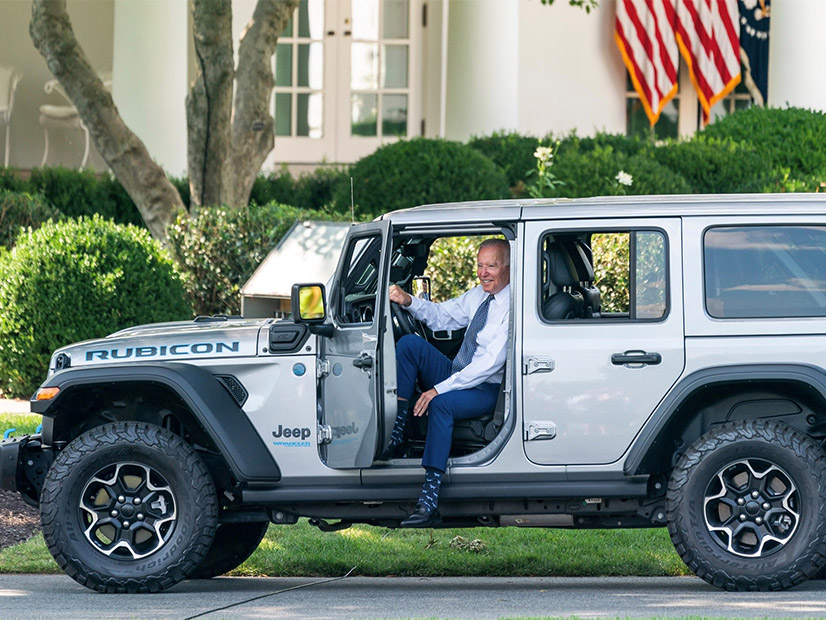 President Biden took a drive in an electric Jeep Thursday after issuing an executive order for 50% of cars sold in 2030 be electric or hybrid.