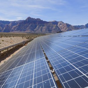 A solar array is shown in the Mojave Desert. The U.S. Bureau of Land Management is proposing to reduce fees for renewable energy development on public land in the western United States.