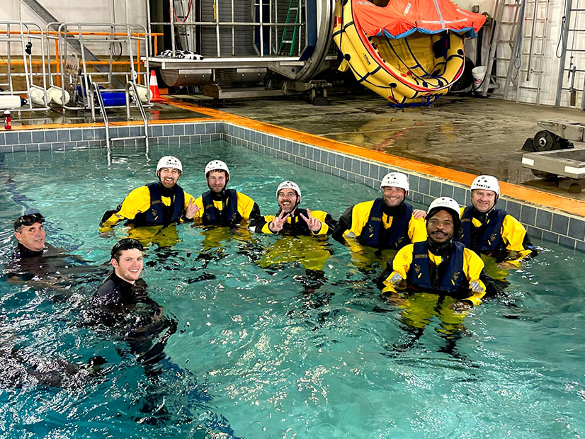 Workers on the Vineyard Wind offshore wind project undergo water emergency survival training in Groton, Conn., earlier this year.