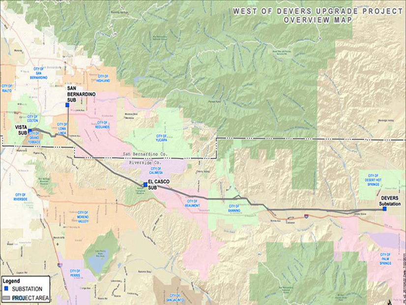 A map of Southern California Edison's and Morongo Transmission's West of Devers upgrade