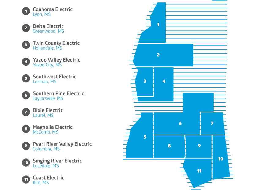 Cooperative Energy's 11 member cooperatives, covering 55 of Mississippi's 82 counties.
