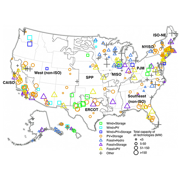 A map created by the Lawrence Berkeley National Laboratory details U.S. hybrid clean-energy projects