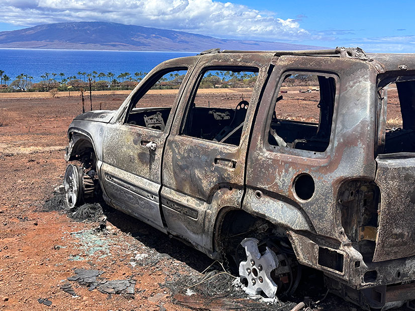 A burned-out truck near the historic city of Lahaina following this month's Maui wildfires. 