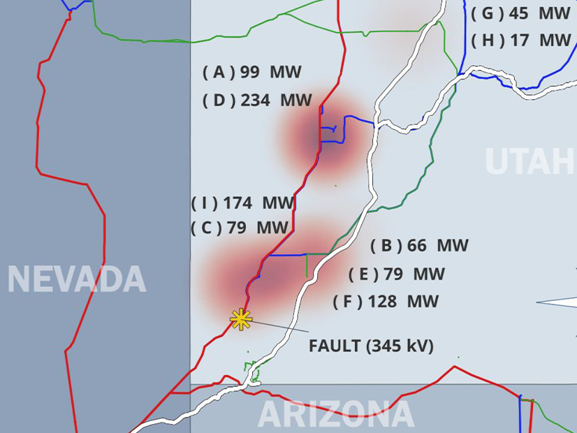A map showing the location of the fault and of affected solar facilities in Southwest Utah.