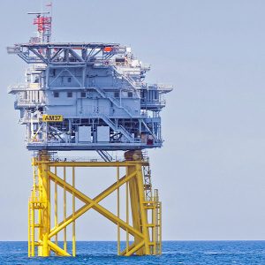 The Vineyard Wind 1 substation is shown after installation in 2023. The Vineyard Wind 1 substation is shown after installation in 2023.