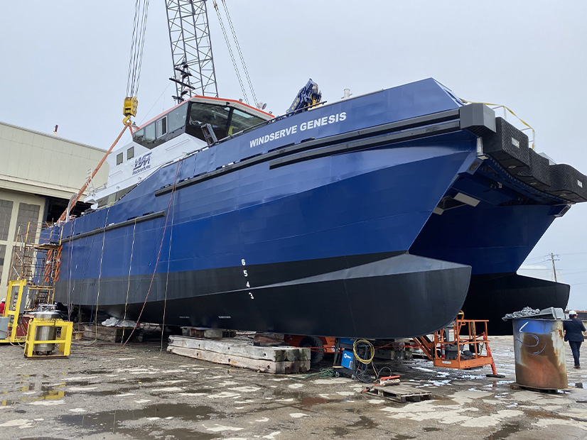 The offshore wind crew transfer vessel Windserve Genesis is shown prior to launch last month at Senesco Marine in Rhode Island.