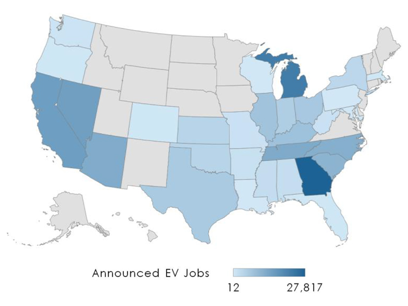 Four of the top eight states for announced EV manufacturing jobs are in the Southeast — Georgia, North and South Carolina and Tennessee. 