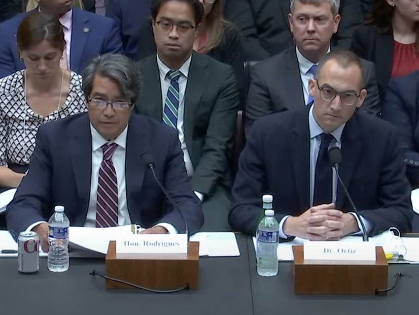 Department of Energy Assistant Secretary for Electricity Gene Rodrigues (left) and FERC Office of Electric Reliability Executive Director David Ortiz testifying at Wednesday's hearing.