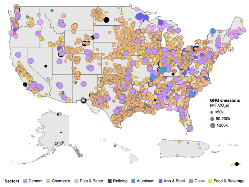 A graphic from DOE's report illustrating eight industrial sectors' 2,500 plus facilities around the country that make major contributions to their total 876 million tonnes of greenhouse gas emissions.