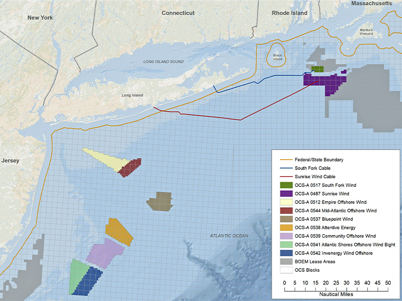 A BOEM map shows lease areas for Empire Wind and other offshore wind proposals in the New York Bight.