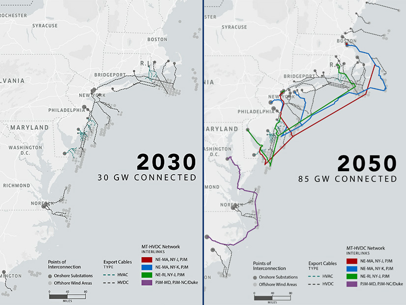 Maps in a new roadmap issued by the U.S. Department of Energy show suggested buildout of offshore wind transmission capacity.