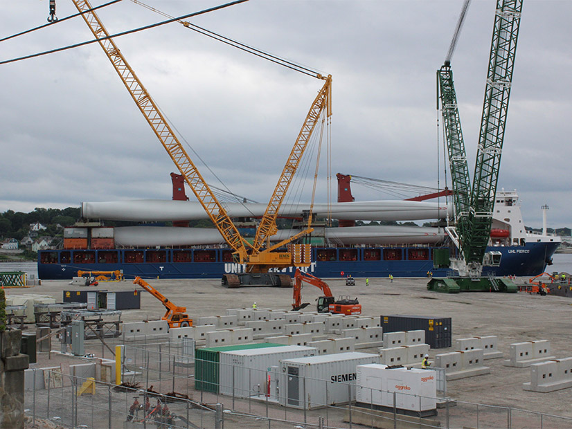 Offshore wind turbine blades are shown at a Connecticut port facility. Offshore wind turbine blades are shown at a Connecticut port facility.