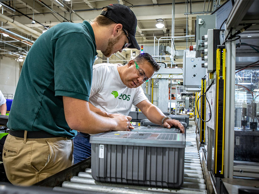 Eos employees work on the company's Z3 storage units in Turtle Creek, Pa. 