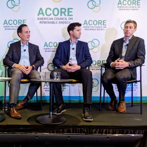 Talking transmission at ACORE's Grid Forum are (from left) Monique M. Dyers, Ensight Energy Consulting; Stuart Nachmias, Con Edison Transmission; Patrick Whitty, Invenergy, and Steve Caminati, Pattern Energy. 