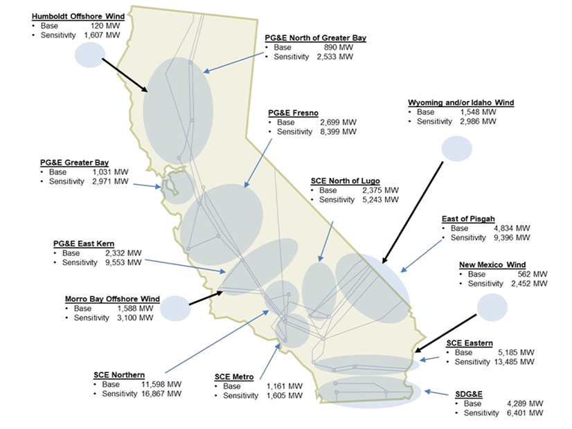 Map shows the transmission zones and the installed capacity of resources in the CPUC's base and sensitivity portfolios for the 2022/23 transmission planning cycle. The transmission zones are aligned with the transmission interconnection areas used in the generation interconnection process.