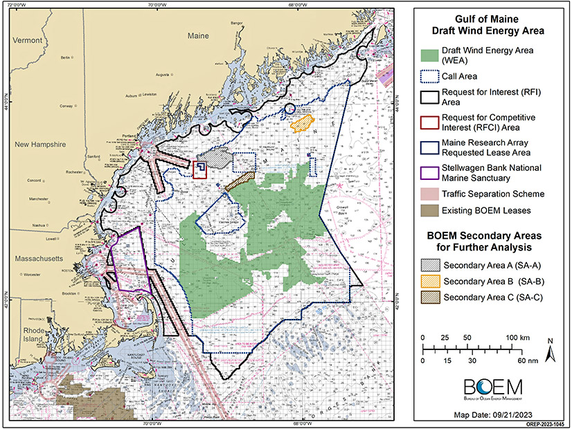BOEM on Oct. 19 announced a 3.52 million-acre draft wind energy area in the Gulf of Maine.