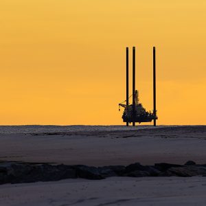 A jack-up barge is shown during geotechnical survey work off the New York coast in preparation for offshore wind power development.