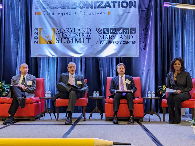 Talking state policy at the Maryland Clean Energy Summit were (from left) Tom Peterson, Center for Climate Solutions; MEA Director Paul Pinsky; state Sen. Brian Feldman and Secretary of the Environment Serena McIlwain. 