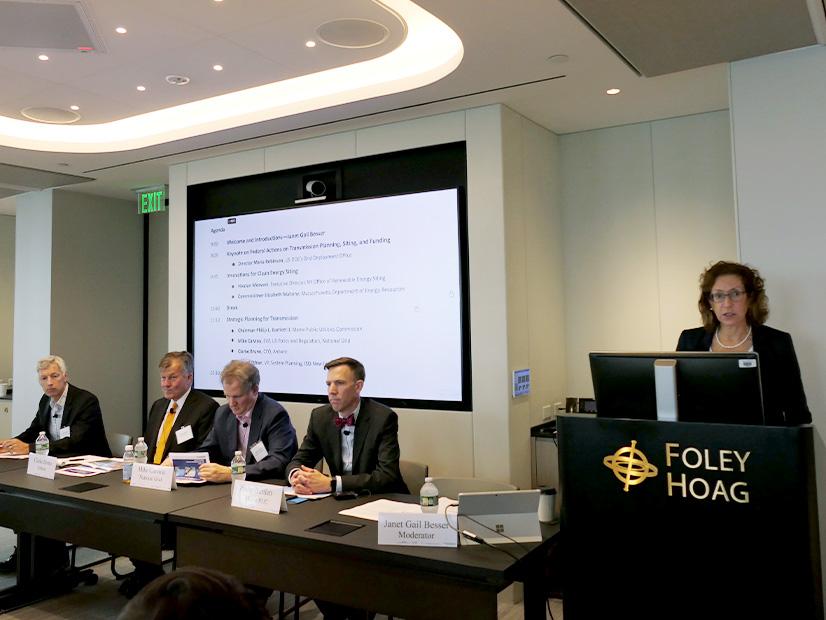 From left: Robert Ethier, ISO-NE; Clarke Bruno, Anbaric; Mike Calviou, National Grid; Maine PUC Chair Philip Bartlett; and Moderator Janet Gail Besser