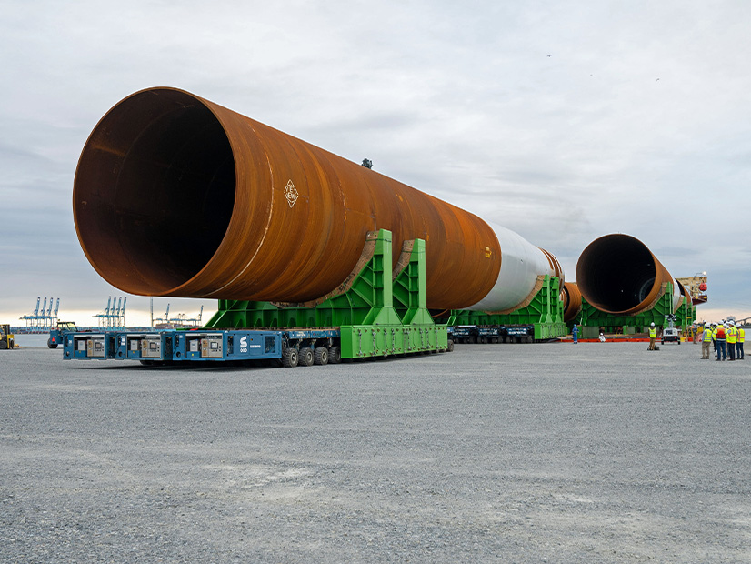 The first monopile foundation for Dominion Energy’s Coastal Virginia Offshore Wind project is unloaded in Portsmouth, Va., on Oct. 27.