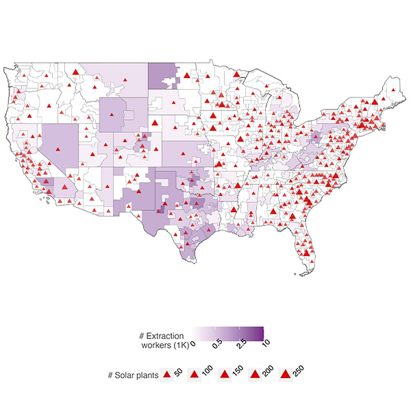 Purple areas represent higher concentrations of fossil fuel workers, with red triangles indicating solar facilities, showing little overlap.