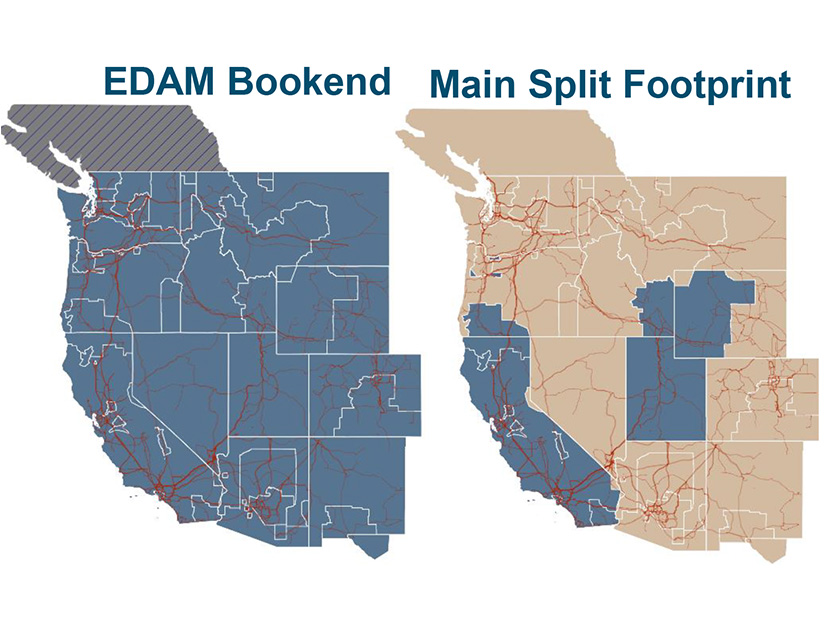 The Western Markets Exploratory Group study compared results between two market scenarios. In the 'EDAM Bookend' scenario, the entire U.S. portion of the Western Interconnection joins CAISO's EDAM, while the 'Main Split Footprint' scenario assumes EDAM membership for only PacifiCorp, LADWP, BANC, Turlock Irrigation District and Imperial Irrigation District, with the rest of the West joining SPP's Markets+.