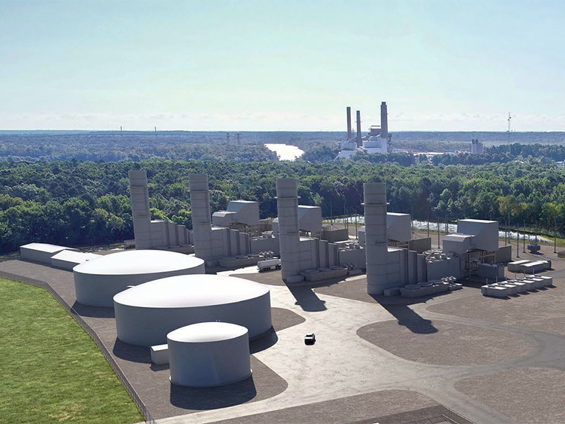 A render of the proposed southern view of the Chesterfield Energy Reliability Center, adjacent to the existing Chesterfield Power Station in Chester, Va.