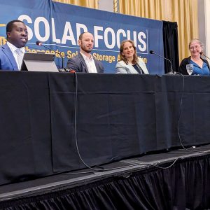 At the recent Solar Focus conference, (from left) moderator Charles Washington, BGE; Josh Tulkin, Maryland Sierra Club; Del. Lorig Charkoudian (D); and Kristen Harbeson, Maryland League of Conservation Voters, tackle how the state will achieve its goal of having a 100% clean energy power system by 2035.