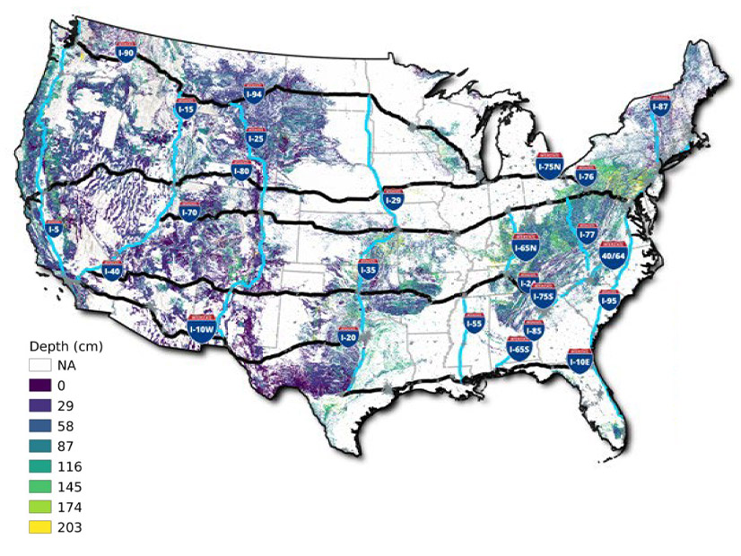 The National Transmission Needs Study looks at possibilities for siting underground transmission lines along existing highway rights-of-way. The dark blue areas here note rugged terrain or shallow bedrock where undergrounding would be difficult and expensive.  