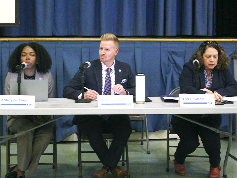 Commissioner Shawn LaTourette (center) of the New Jersey Department of Environmental Protection and EPA Region 2 Commissioner Lisa Garcia (right) listen to speakers at the Oct. 17 public hearing for Environmental Justice issues in Union City, NJ.