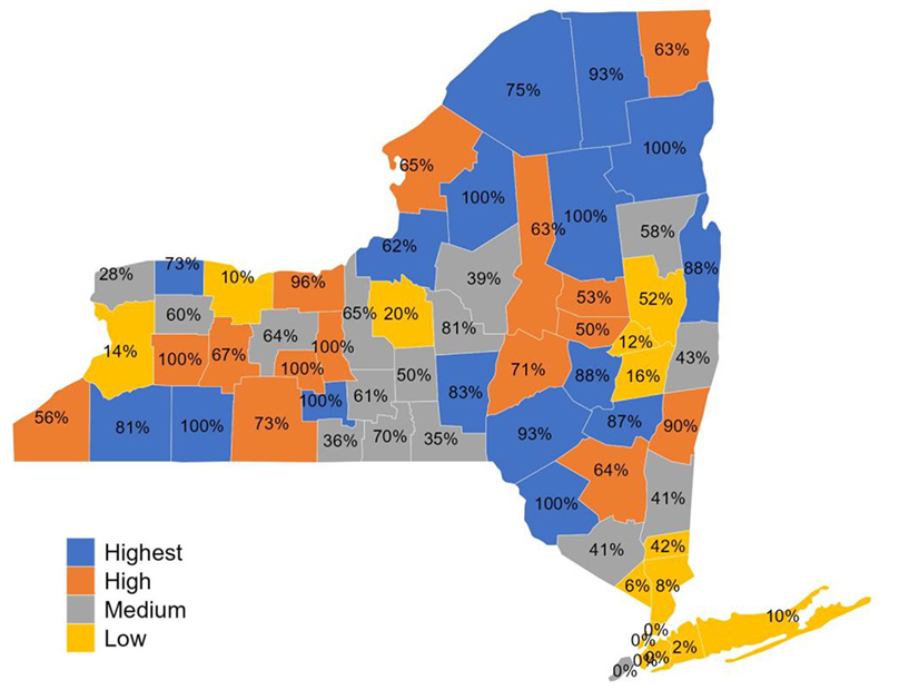Household energy and transportation burden by county with percentage of rural census tracts in the county