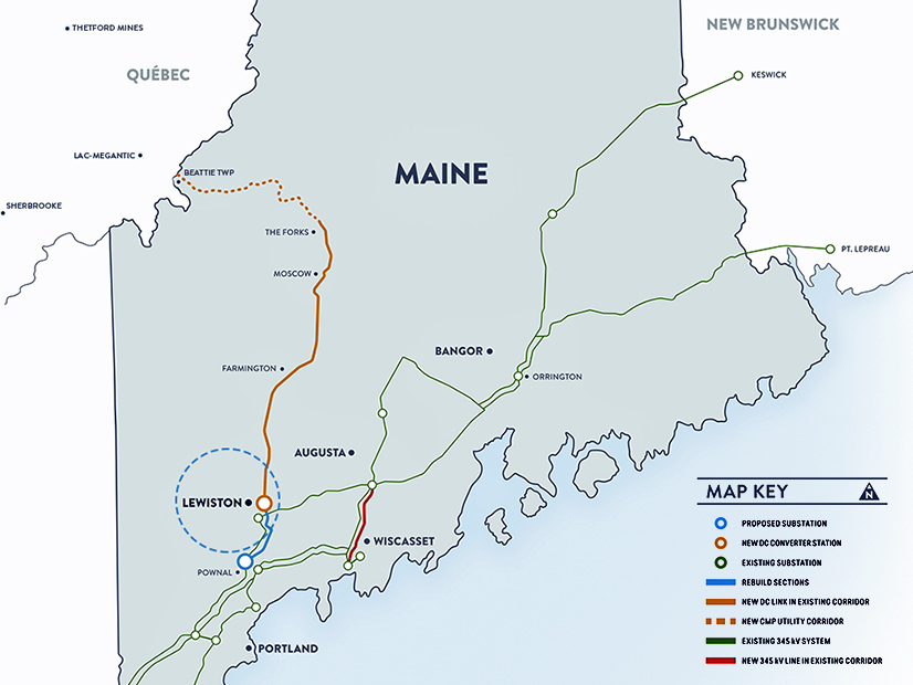The route of the New England Clean Energy Connect power line in Maine