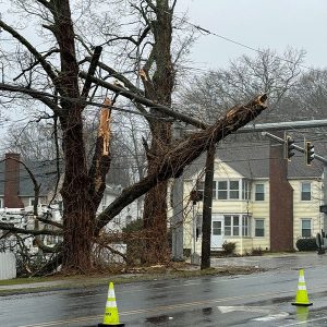 An Eversource crew responds to a downed tree and broken pole in Meriden, Conn., during Monday's storm.