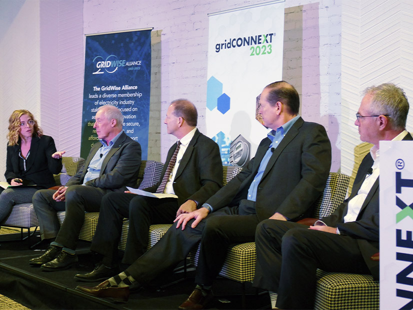 A panel on Data Standards with (from left) Landis+Gyr's Marguerite Behringer, Wi-Sun Alliance's Phil Beecher, National Grid's Craig Rutfield, DOE's Chris Irwin and Tipmont CEO Ron Holcomb.