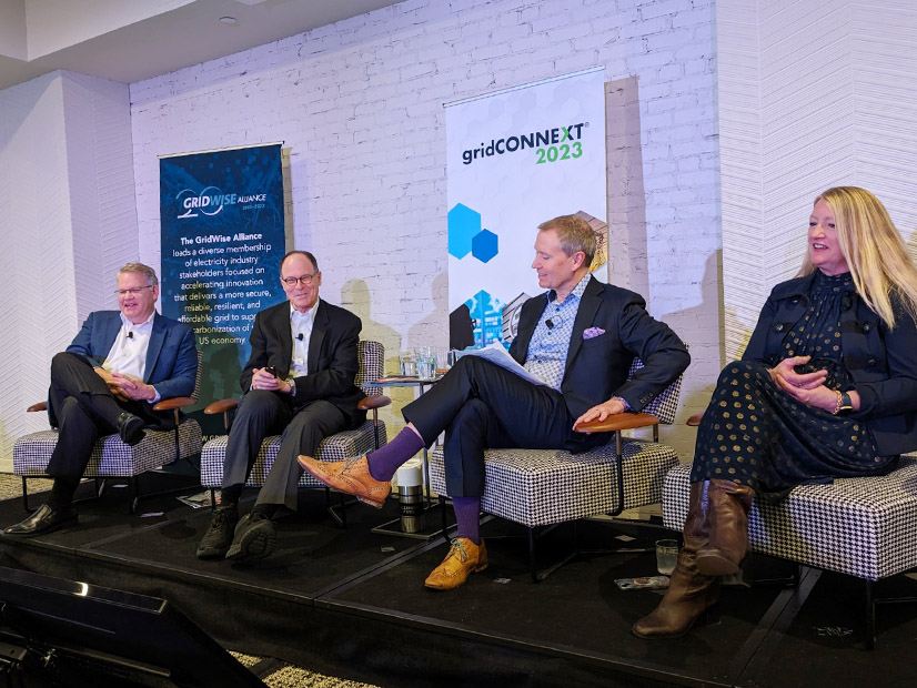 At gridCONNEXT, (from left) Phil Dion, EEI; Peter Fox-Penner, EIP; moderator Chris Guttman-McCabe, Anterix; and Karen Wayland, GridWise Alliance, talk about financing the future grid. 