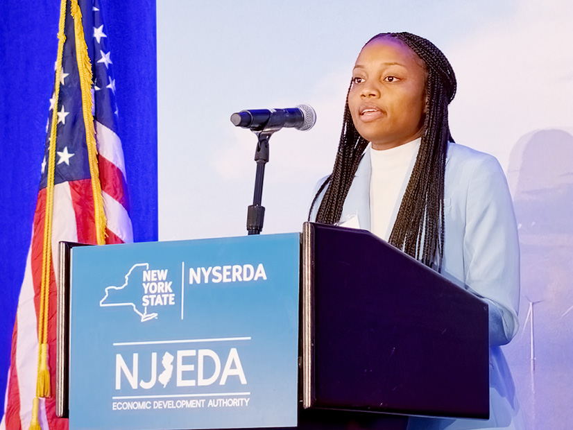 BloombergNEF offshore wind analyst Chelsea Jean-Michel speaks at the New York-New Jersey Offshore Wind Supplier Forum on Jan. 11 in Brooklyn.